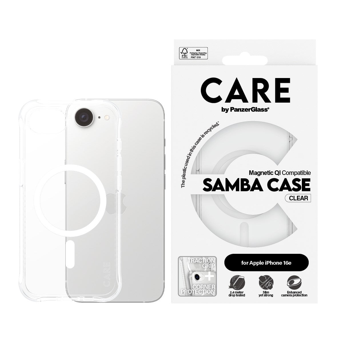 CARE by PanzerGlass® Samba Case Transparent w. White Qi Compatible iPhone 16e